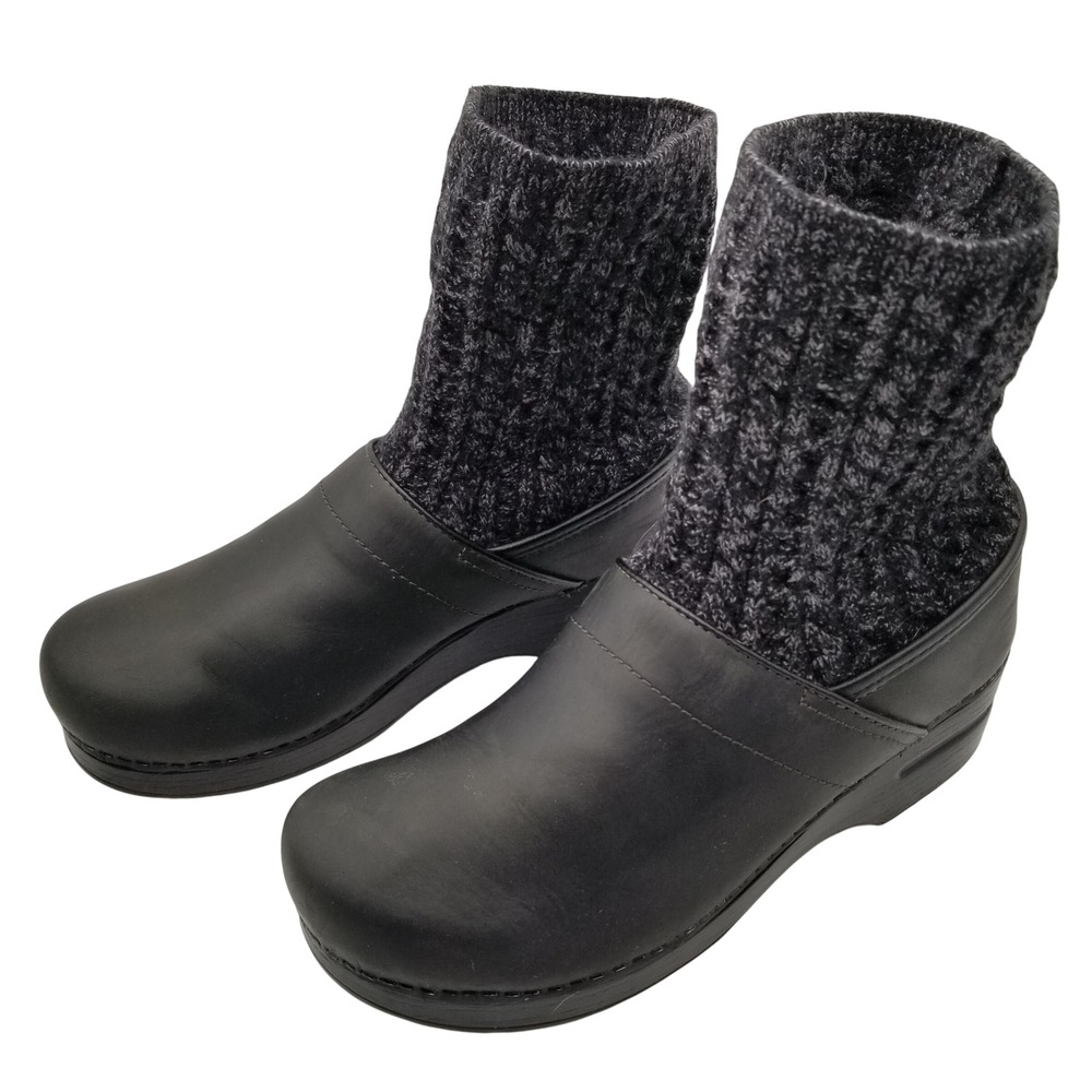 Dansko‎ Women Black Leather Sweater Knit Sock Collar Clog Boots Size 40 US 9.5